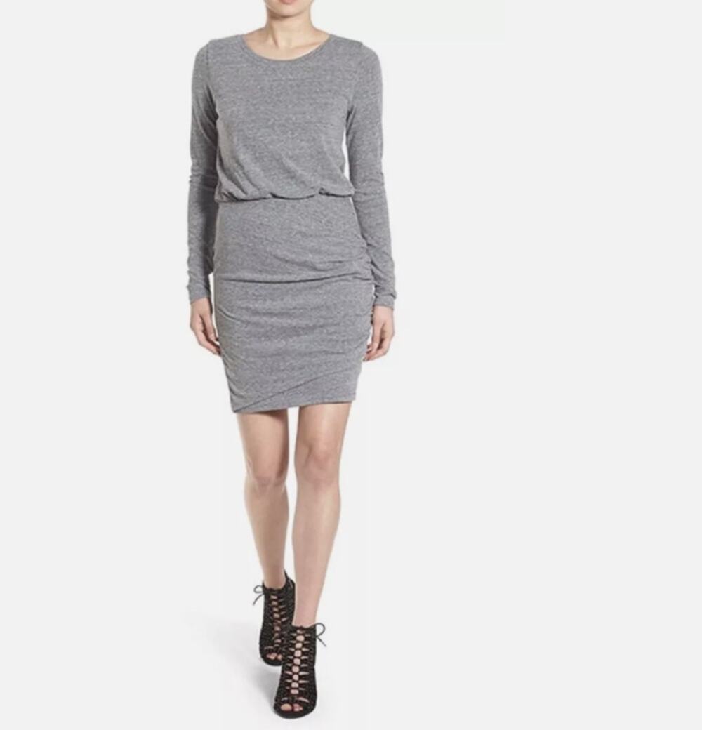 LEITH Long Sleeve Wrap Style Ruched Dress Scoop Neck Bodycon Knit Gray Size S